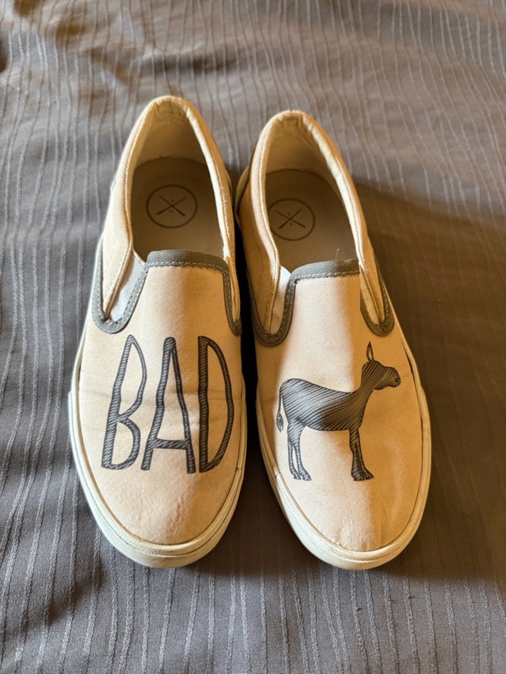 inkkas Beige Canvas Slip-On Loafers with 'BAD' ‘A**’ Graphic 8.5 - Picture 2 of 10